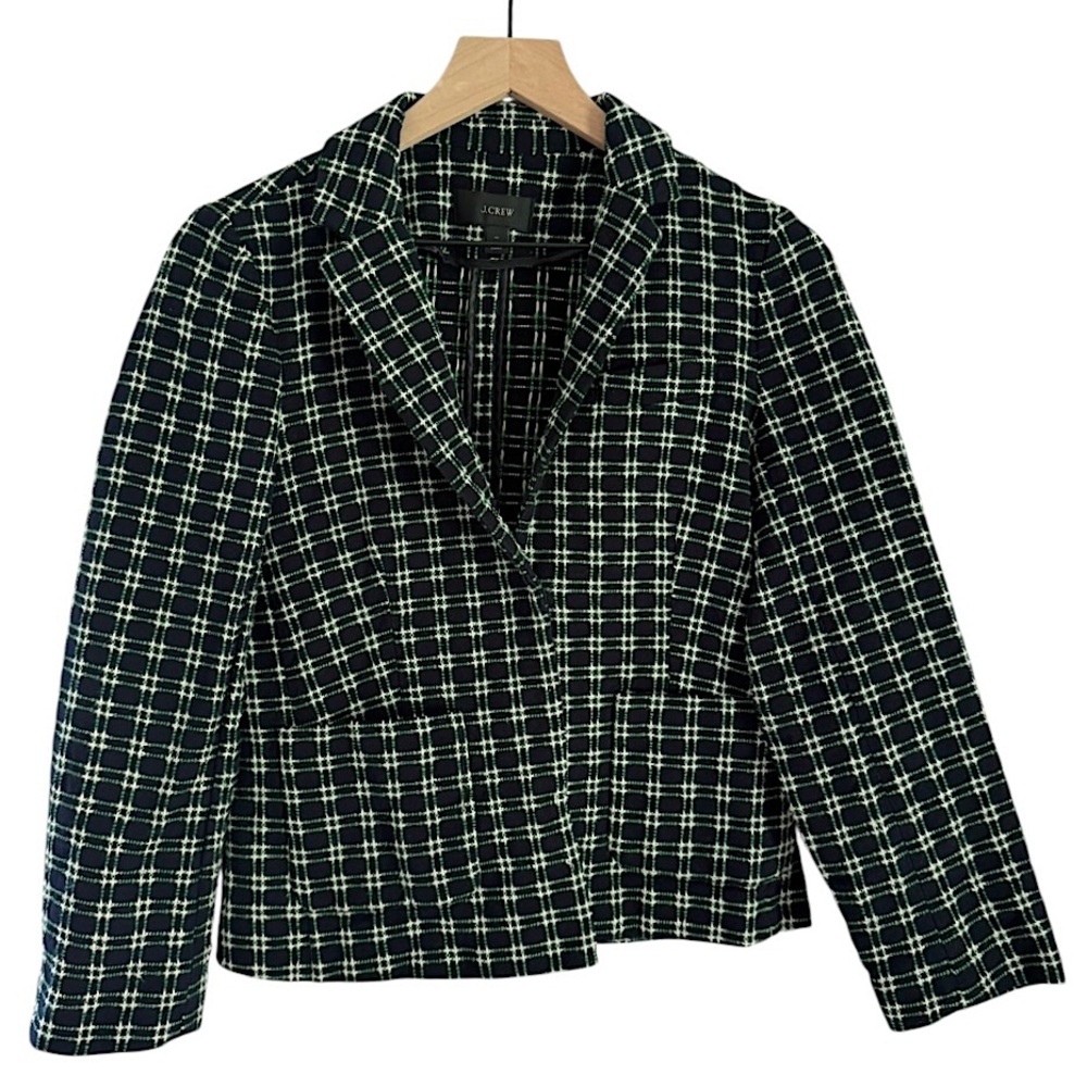 J. Crew Women’s Shrunken Blazer Jacket in Embroidered‎ Plaid Green Blue Size 10